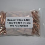 Hornady 30cal (.308) 150gr FMJBT Bullet #3037B w/cann 100/Bag