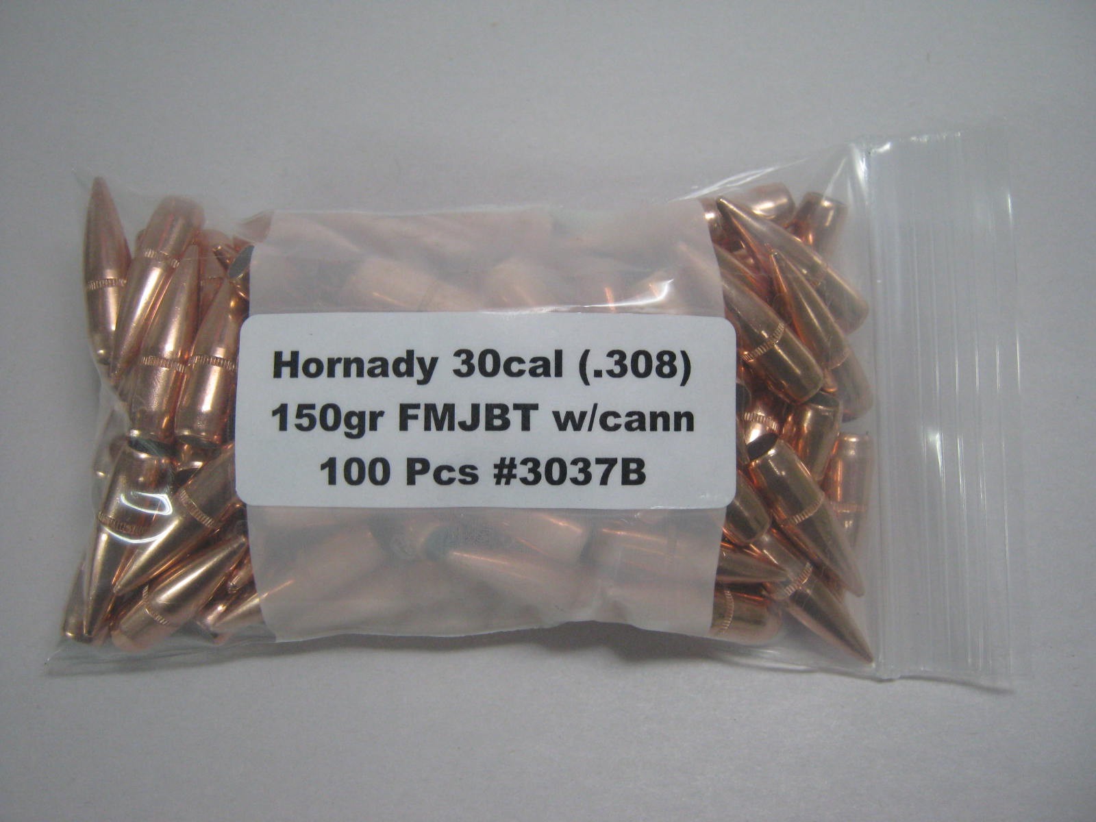 Hornady 30cal (.308) 150gr FMJBT Bullet #3037B wcann 100-Bag Hornady 30cal (.308) 150gr FMJBT Bullet #3037B w/cann 100/Bag