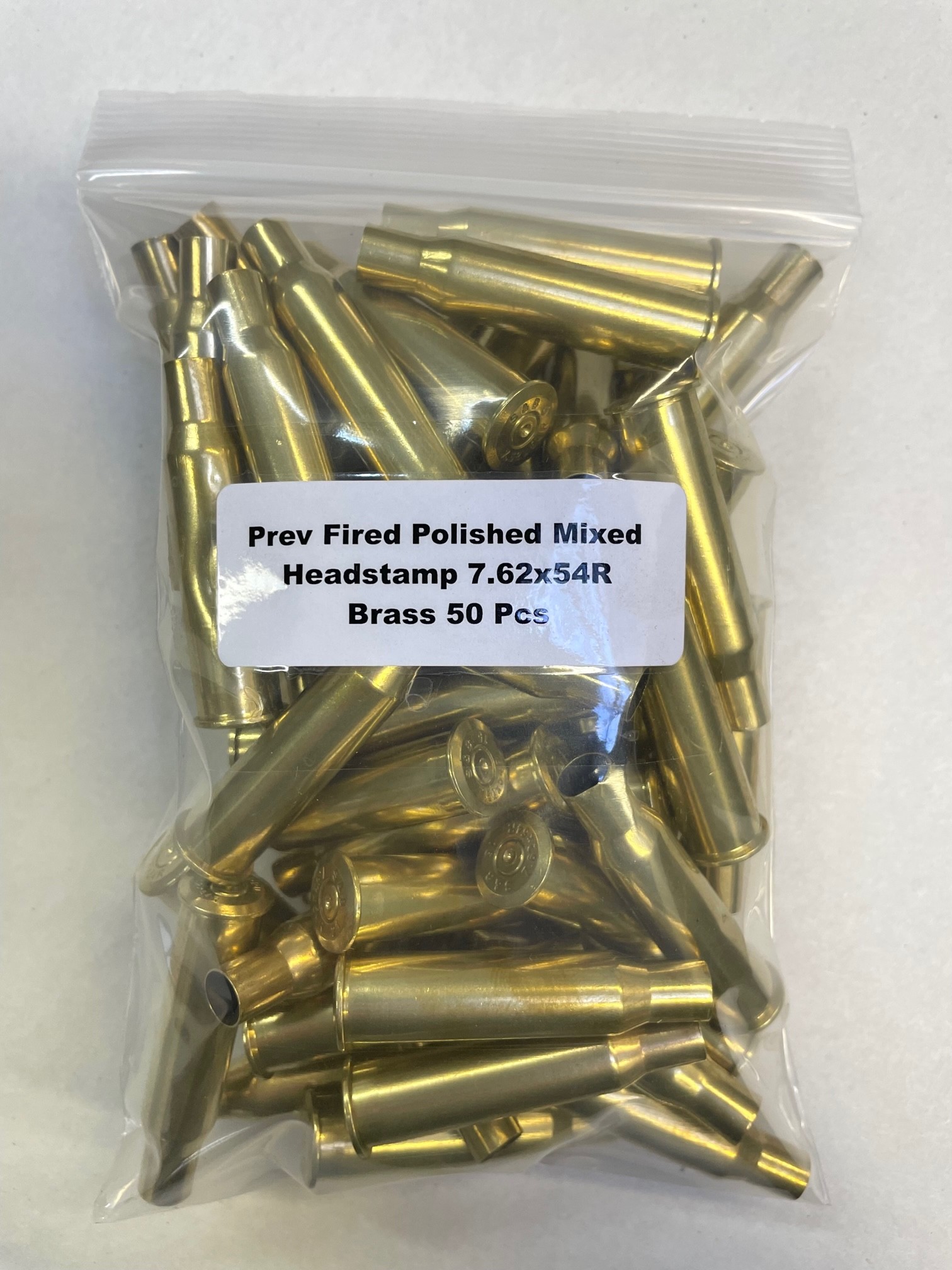 Previously Fired Mixed Headstamp Polished 7.62x54R Brass Cases 50Bag Previously Fired Mixed Headstamp Polished 7.62x54R Brass Cases 50Bag