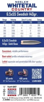 Nosler 6.5X55 Swedish 140gr Solid Base® Whitetail Country™ Ammunition - Image 3