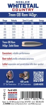 Nosler 7mm-08 Remington 140gr Solid Base® Whitetail Country™ Ammunition - Image 3