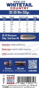 Nosler 30-30 Winchester 150gr RN Solid Base® Whitetail Country™ Ammunition - Image 2